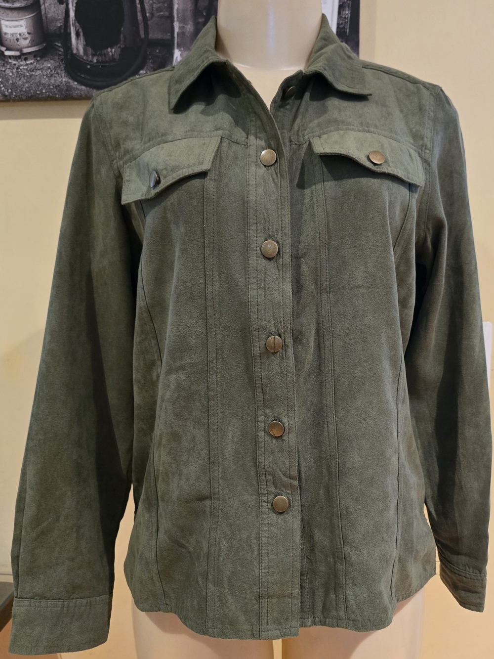 Olive Green Faux Suede Button-Front Women's Shirt Sz MED
